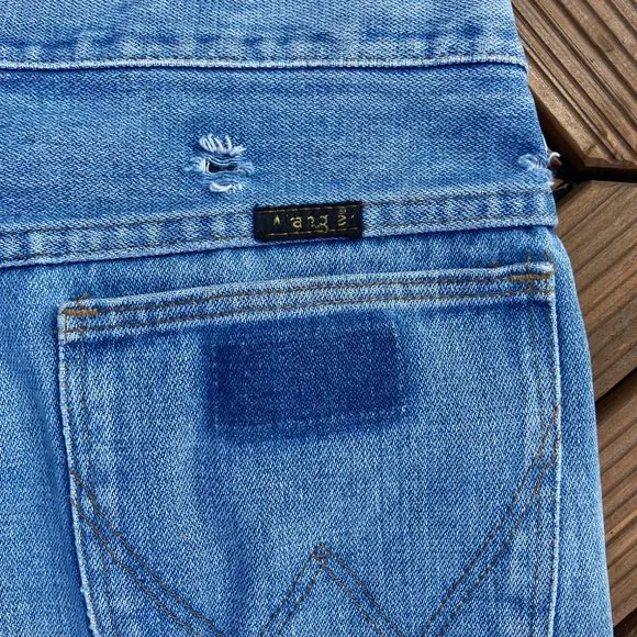 Vintage 70's Wrangler No Fault Repaired Cutoff Flare Denim 30x28